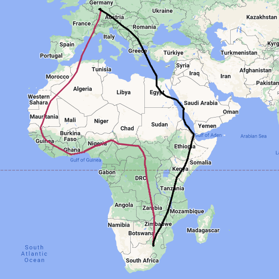 Flight paths of LH573 planned route heading up eastern Africa and the Red Sea and the actual route that goes over western Africa.