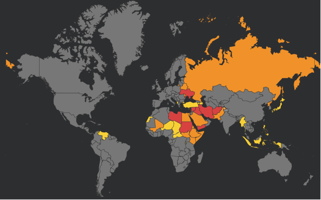 World map showing countries with no fly zones or limited flying zones. Those areas affected are central Africa, the Middle East, Ukraine, Belarus and Russia and areas in South East Asia.