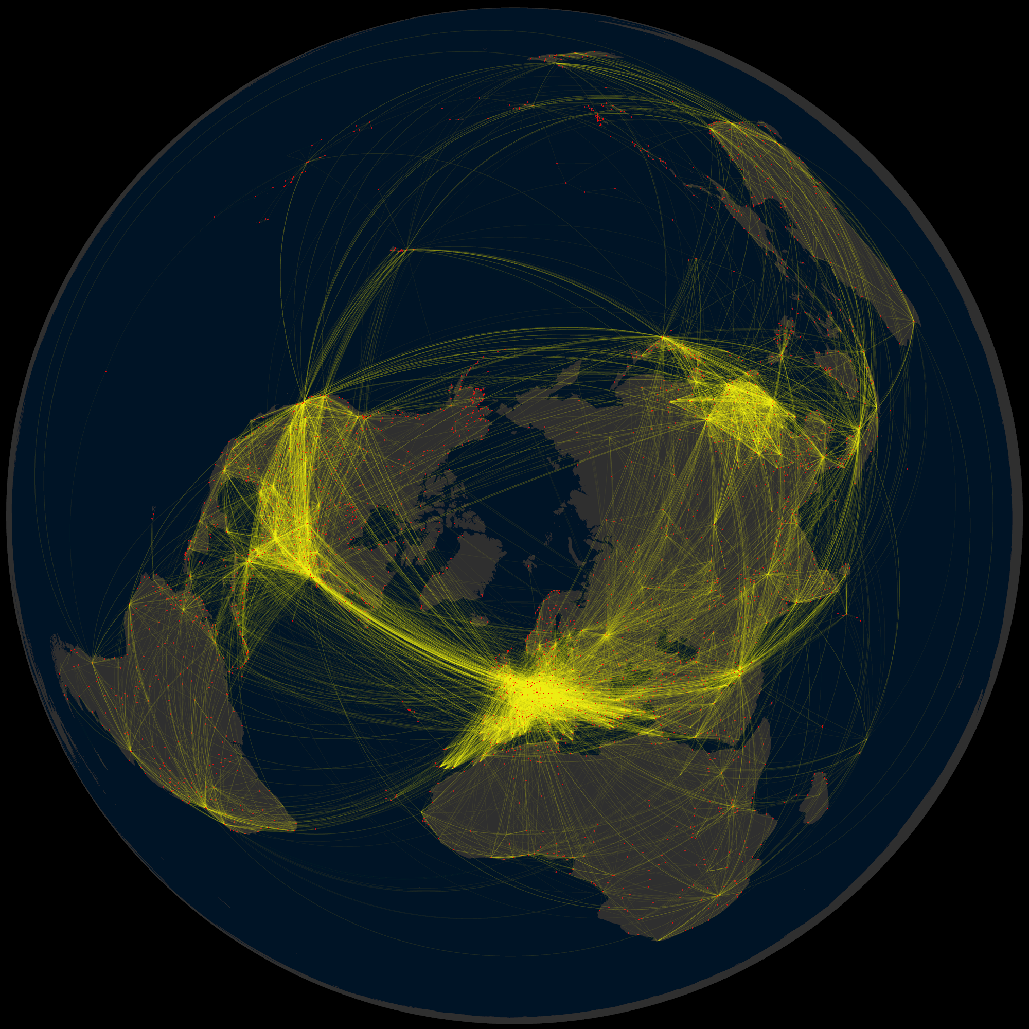 view of the world from the north pole showing a flow map of every scheduled commercial passenger airline route as of 2014.